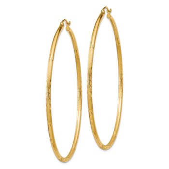 14k Yellow Gold 2 3/8" Satin and Diamond-Cut Round Tube Hoop Earrings