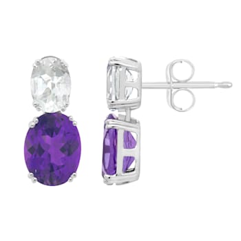 9x7mm Oval Amethyst And White Topaz Rhodium Over Sterling Silver Earrings