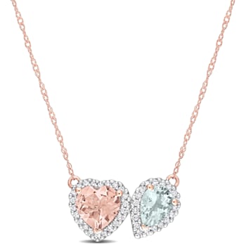 1.95ctw Morganite, Aquamarine And Diamond 10k Rose Gold Pendant With Chain