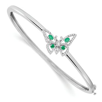 Rhodium Over 14k White Gold Emerald and Diamond Butterfly Bangle