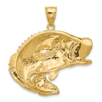 14k Yellow Gold 2D Textured Bass Fish Jumping Charm
