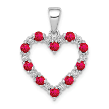 Rhodium Over 14k White Gold Diamond and Red Ruby Heart Pendant