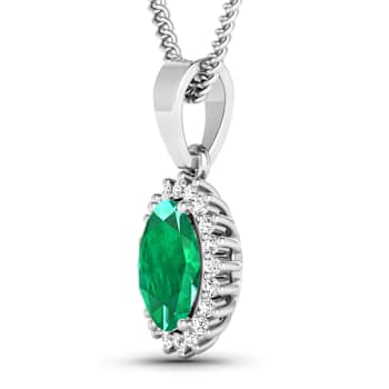 1.10ctw 14K White Gold Zambian Emerald and White Diamond Pendant with 18
inch Cable Chain
