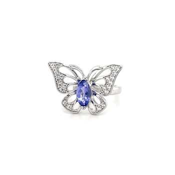 Tanzanite 9x4.5mm Marquise and White Zircon Rhodium Over Sterling Silver Ring