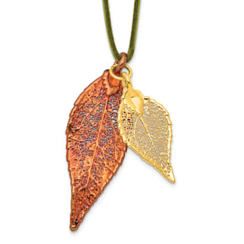 Iridescent Copper and 24k Yellow Gold Dipped Double Evergreen Leaf Necklace