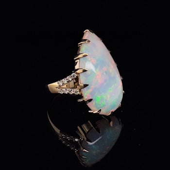 Ethiopian Opal Pear Shape Cabochon and Round Diamond 14K Yellow Gold
Ring, 9.22ctw