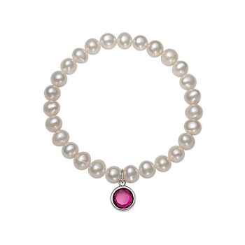 Freshwater Pearl And Red CZ Charm Stretch Bracelet In Sterling Silver