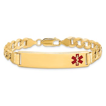 14k Yellow Gold Medical Red Enamel Curb Link ID Bracelet