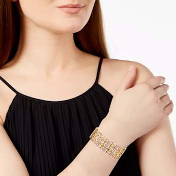 Pink CZ Wide Geometric Mesh Link Bracelet In 14K Gold Over Brass
