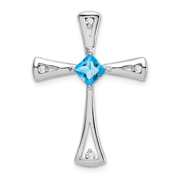 Rhodium Over 14k White Gold Blue Topaz and Diamond Cross Chain Slide Pendant