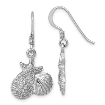 Rhodium Over Sterling Silver Starfish, Sand Dollar and Shell Dangle Earrings