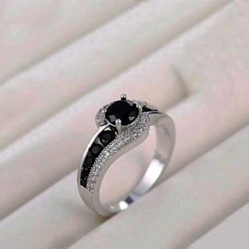 Black Spinel And White Topaz Accents Rhodium Over Sterling Silver Bypass Ring