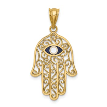 14k Yellow Gold Polished Filigree Textured and Enameled Hamsa Pendant