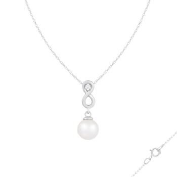White Cultured Freshwater Pearl and Diamond 14K White Gold Pendant 8-8.5mm
