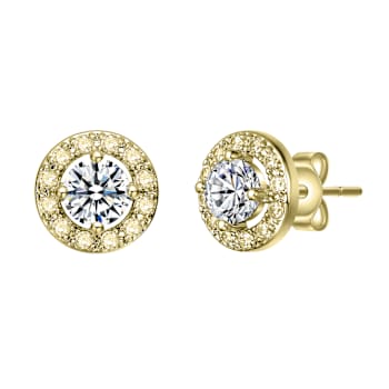 CZ Halo Stud Earrings In 14K Gold Over Brass
