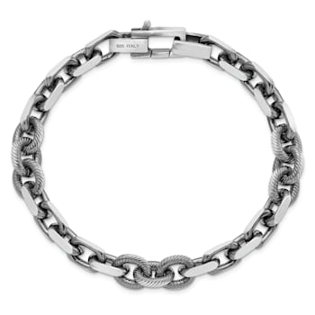 Sterling Silver Mens Antiqued Brushed Cable Twisted Rolo Bracelet