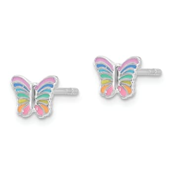 Rhodium Over Sterling Silver Rainbow Enamel Butterfly Children's Post Earrings