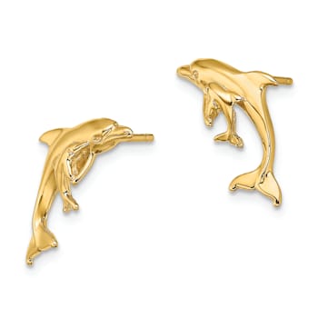 14k Yellow Gold Polished Dolphin and Baby Earrings