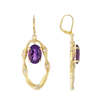 Amethyst Oval And White Topaz Dangle Earrings In 18K Gold Over Sterling
Silver 13.25ctw