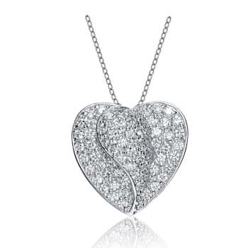 CZ Pave Heart Pendant Necklace In Sterling Silver 12 Inch