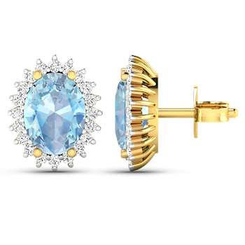 1.92ctw 14K Yellow Gold Aquamarine and White Diamond Halo Earrings