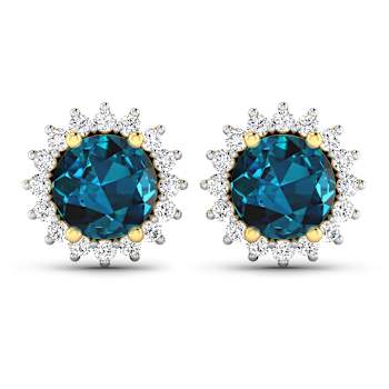 1.60ctw 14K Yellow Gold London Blue Topaz  and White Diamond Halo Earrings