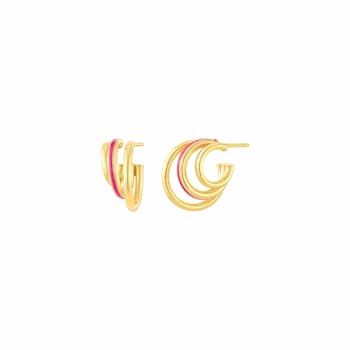 14K Yellow Gold Over Sterling Silver Enamel Triple Hoop Earrings in Pink