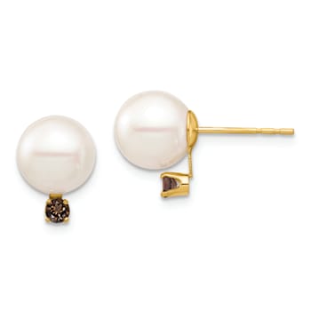 14K Yellow Gold 8-8.5mm White Round Freshwater Cultured Pearl Smoky
Quartz Post Earring