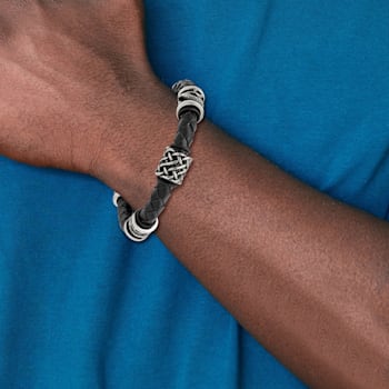 Stainless Steel Antiqued and Polished Dragon Black Braided Leather Bracelet