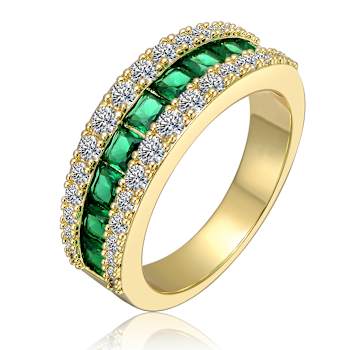 Emerald Color CZ Channel-Set Band Ring In 14K Gold Over Sterling Silver