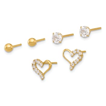 14K Yellow Gold Polished CZ Ball and Heart Post Earring Set