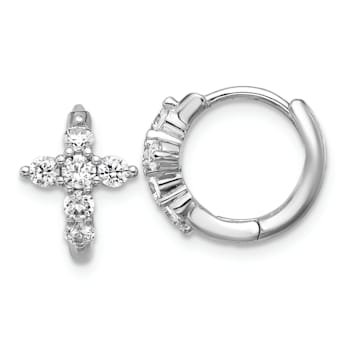 Rhodium Over Sterling Silver Polished Cubic Zirconia Cross Hinged Round
Hoop Earrings