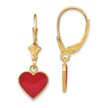 14K Yellow Gold Polished Enameled Heart Dangle Earrings
