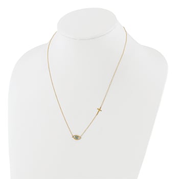 14K Yellow Gold Polished Cubic Zirconia Evil Eye and Cross 18-inch with
2-inch Extension Necklace