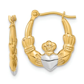 14k Yellow Gold and Rhodium Over 14k Yellow Gold Polished and Textured
11/16" Claddagh Hoop Earrings