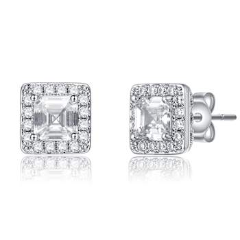 CZ Halo Square Stud Earrings In White Rhodium Over Brass