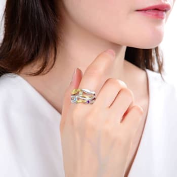 Multi-Gemstone Black Rhodium Over and 14K Gold Over Sterling Silver Ring