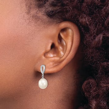 Rhodium Over Sterling Silver 8-9mm Rice FWC Pearl Cubic Zirconia Post
Dangle Earrings