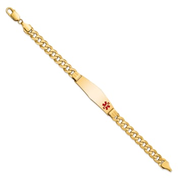 14k Yellow Gold Medical Soft Diamond Shape Red Enamel Flat Curb Link ID Bracelet