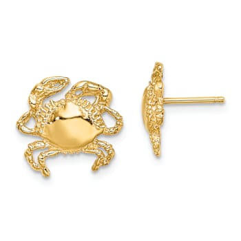14k Yellow Gold 2D Textured and Polished Crab Stud Earrings