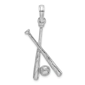 Rhodium Over 14k White Gold Textured Bats and Baseball Pendant