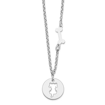 Sterling Silver Rhodium-plated Puppy and Bone with 1-inch Extension Necklace