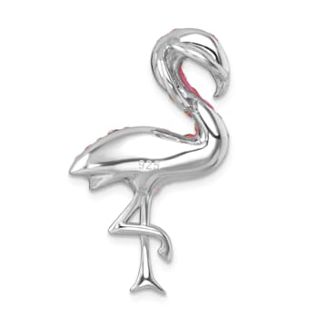 Rhodium Over Sterling Silver Polished Pink Crystal Flamingo Slide Pendant