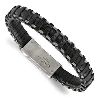 Black Leather and Stainless Steel Brushed Cable 8.5-inch Bracelet