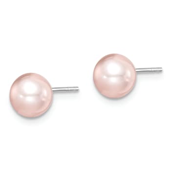 Rhodium Over Sterling Silver 6-7mm Pink Round FWC Pearl Stud Earrings