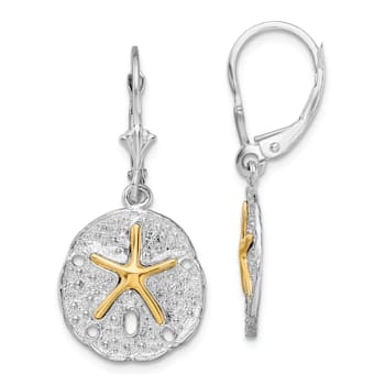 Rhodium Over Sterling Silver Sand Dollar with 14k Starfish Leverback Earrings