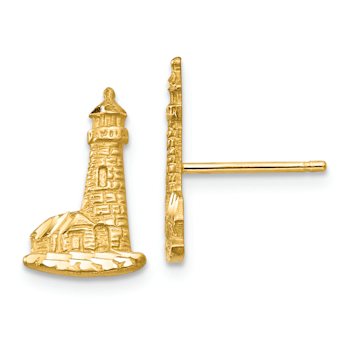 14k Yellow Gold Textured Diamond-Cut Lighthouse Stud Earrings