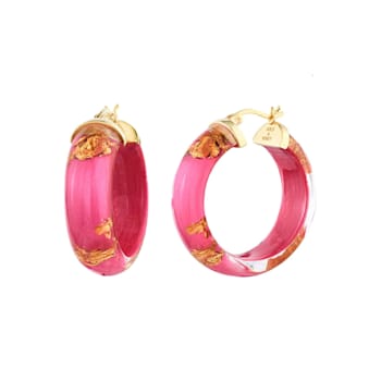 14K Yellow Gold Over Sterling Silver Mini Gold Leaf Acrylic Hoops in
Pink Peacock
