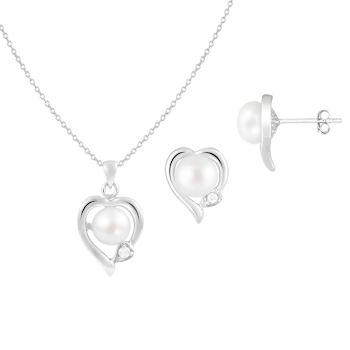 6-7mm Button White Freshwater Pearl and CZ Rhodium Over Sterling Earring
and Pendant W/Chain Set