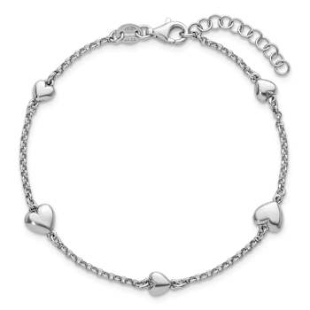 Rhodium Over Sterling Silver Polished Hearts 7 Inch with 1 Inch Extender Bracelet